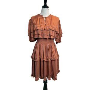 Women’s Ruffle Tiered Dress Smock Waist Romantic Dress Rust‎ Brown BaliElf Hand